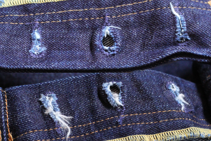 Hilos sueltos en los pantalones de imitación