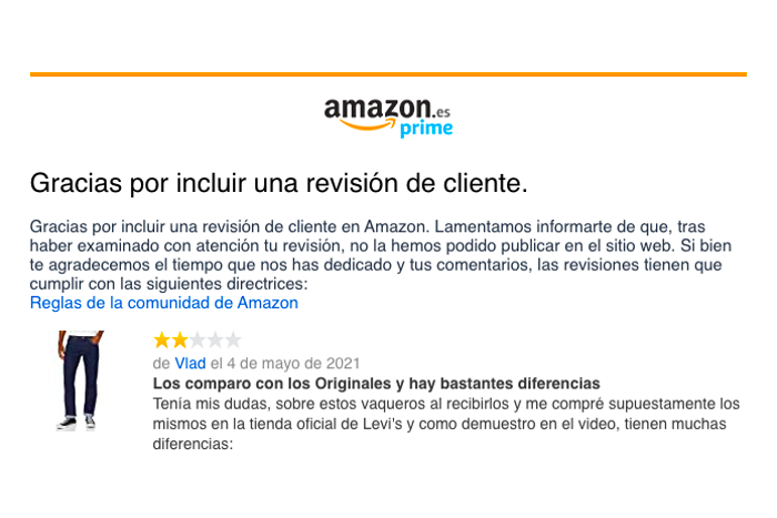 Opinión censurada en Amazon sobre los Levi´s posiblemente falsos