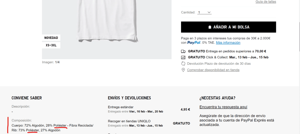 Etiqueta de composición de un polo de Uniqlo